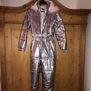 Dolls Kill Silver Ski & Snow Jacket with Pink Fur Trim